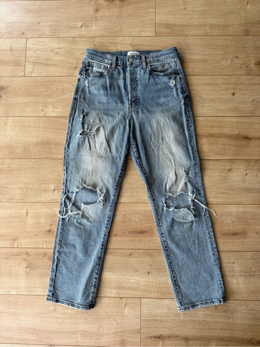 Pistola Light Wash Distressed Straight Leg Jeans Button Fly Organic Cotton 28